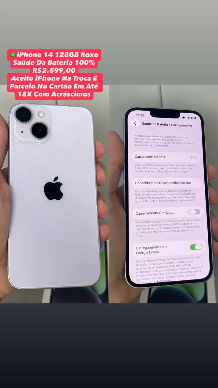 iPhone 14 128GB Roxo - Saúde Da Bateria 100% (Usado)