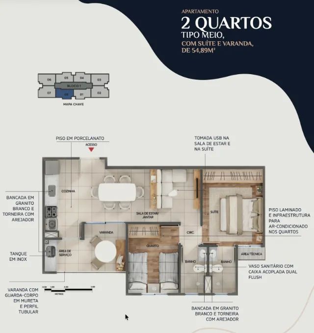 Apartamento 2 Quartos c/ Suíte e Varanda | 9º Andar | 54,89m² - Foto 3