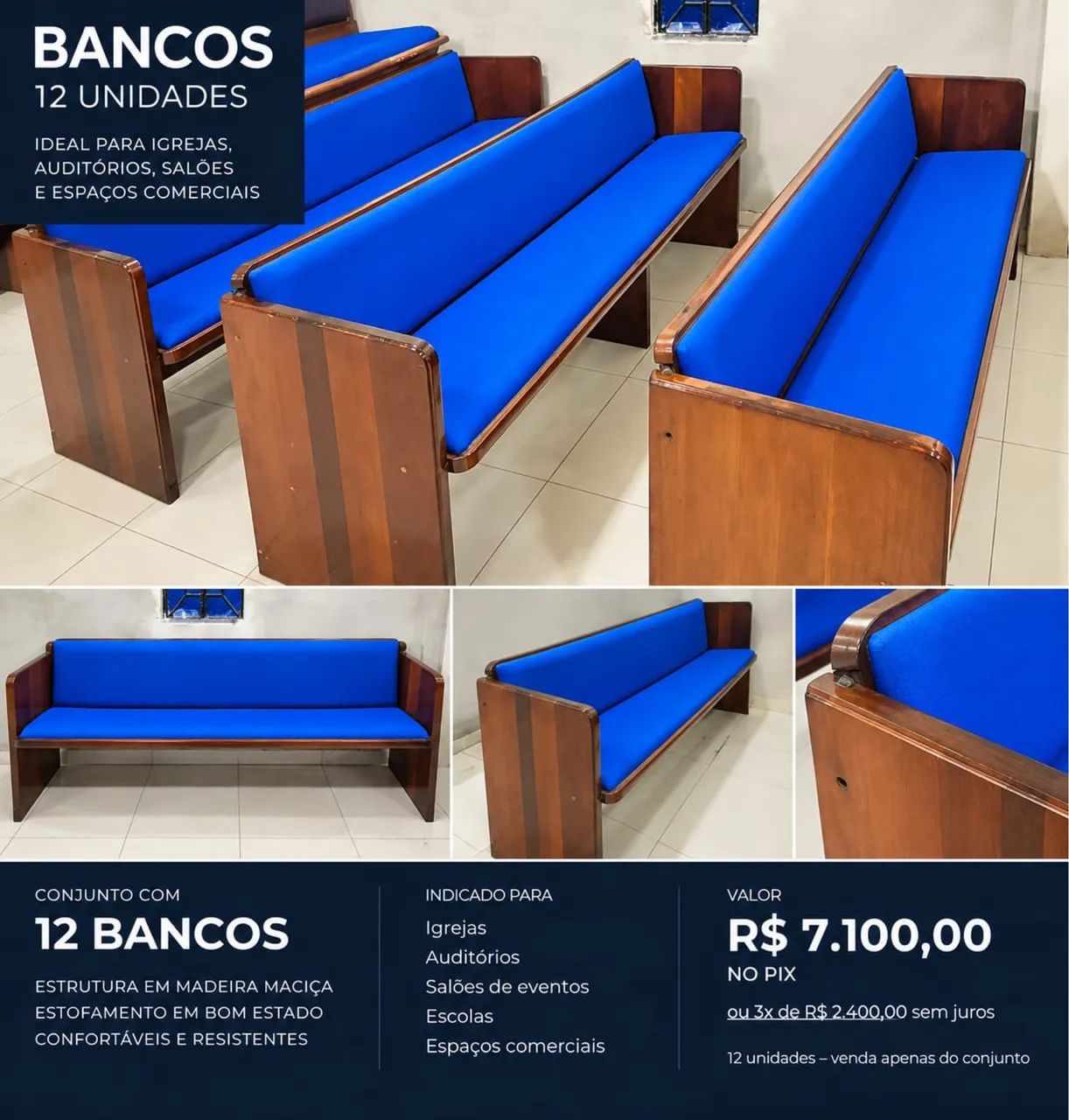 VENDE-SE CONJUNTO COM 12 BANCOS PARA IGREJA 