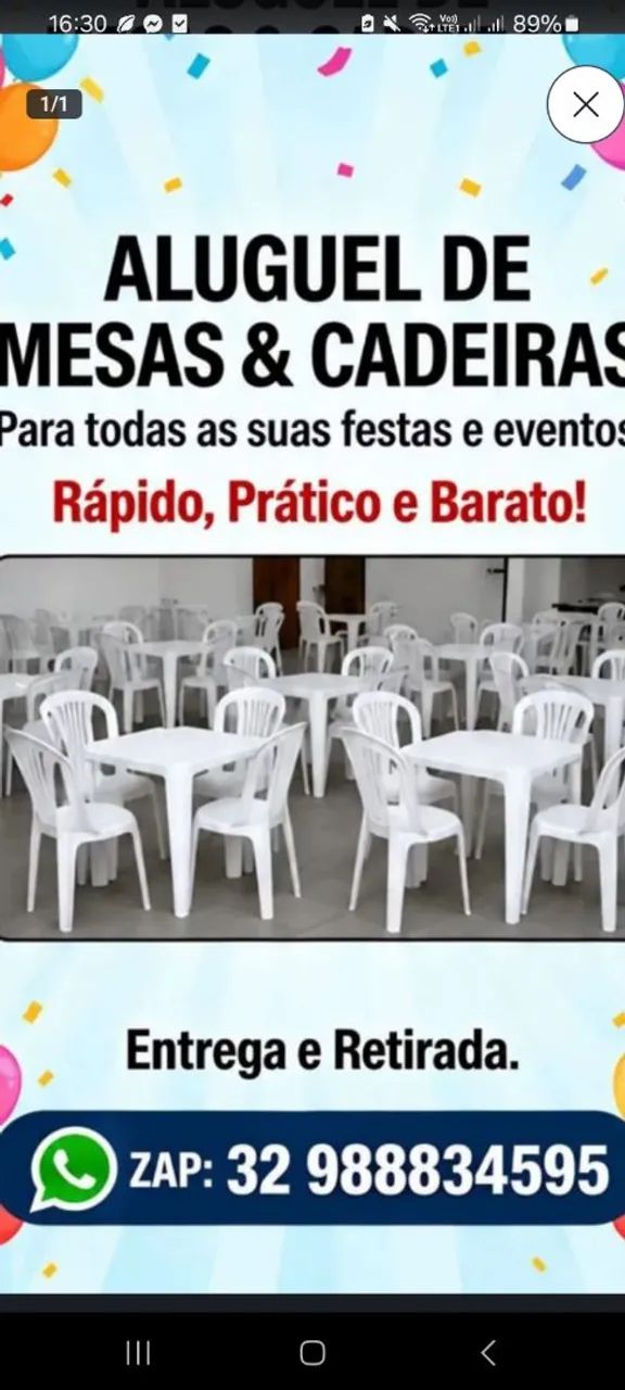 Aluguel de mesas. Cadeiras e toalhas para festas e eventos em geral....
