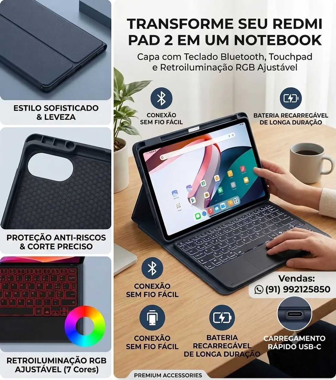 Capa com teclado retroiluminado para Redmi Pad 2