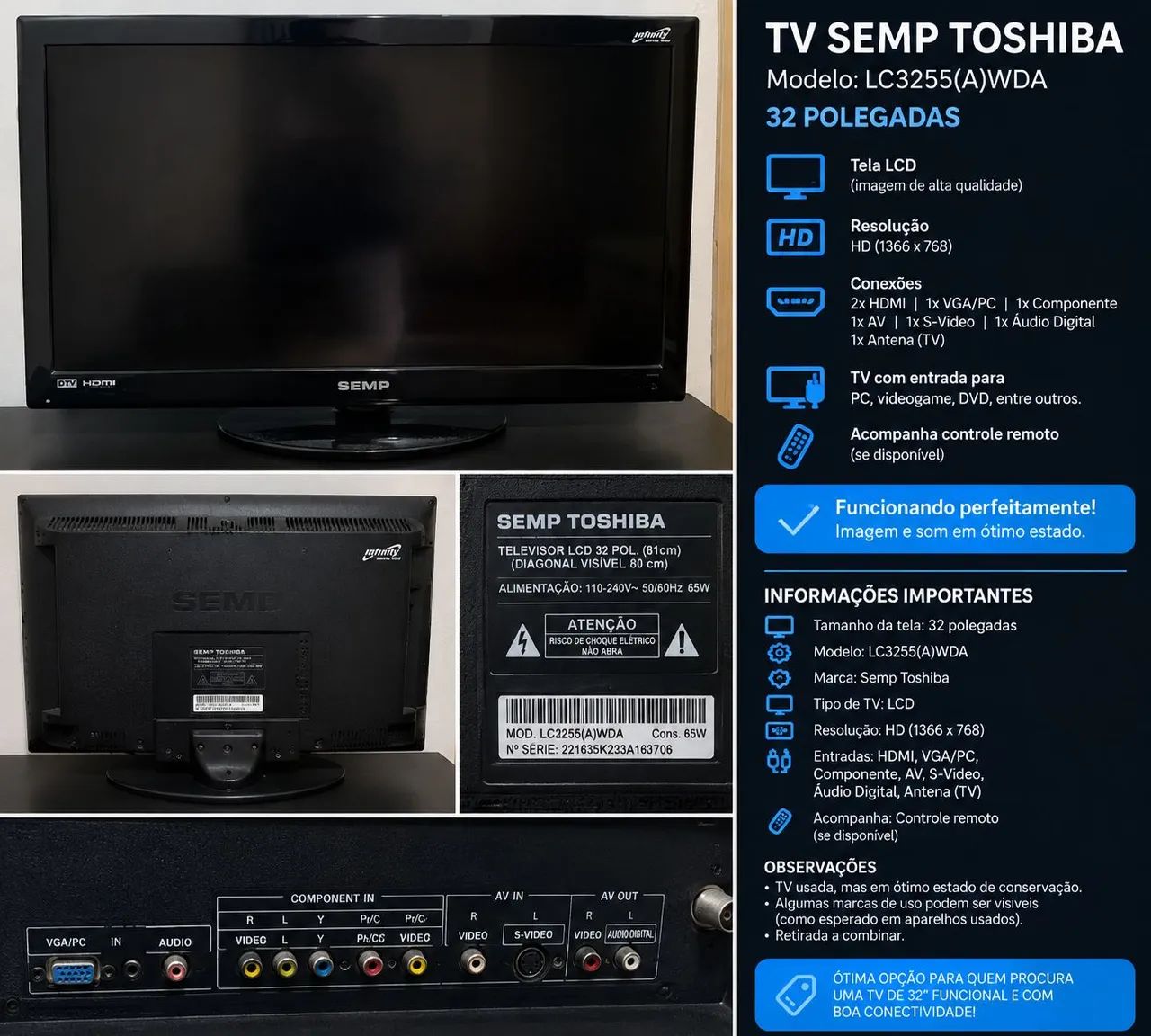 ? TV SEMP TOSHIBA 32? LCD | FUNCIONANDO PERFEITAMENTE | HDMI