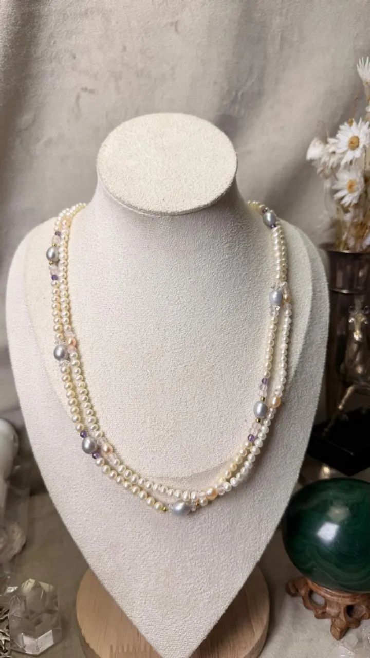 Colar pérolas e quartzos e ouro 18k - 103 cm
