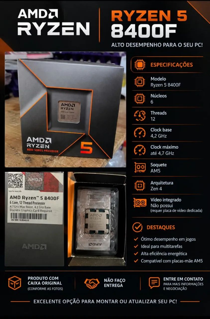 Processador AMD Ryzen 5 8400F AM5 - 6 Núcleos, 12 Threads -contém a caixa original 