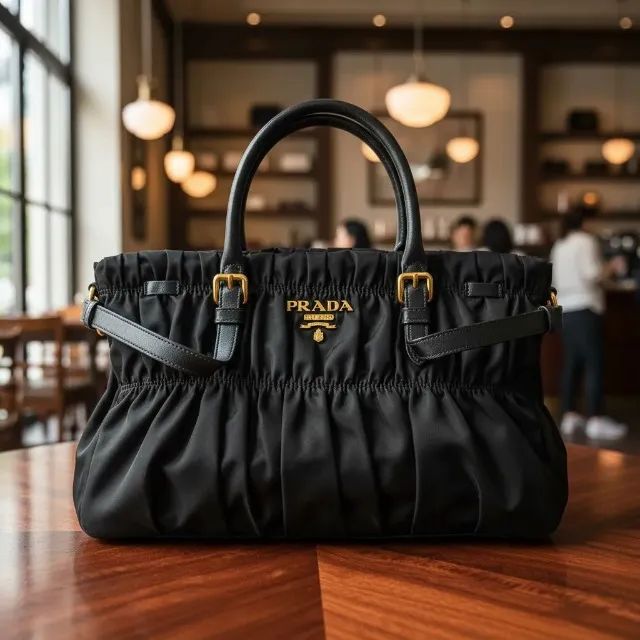 Bolsa Prada Original Tessuto Gaufre Nylon Preta com Cadeado Chave e Alça