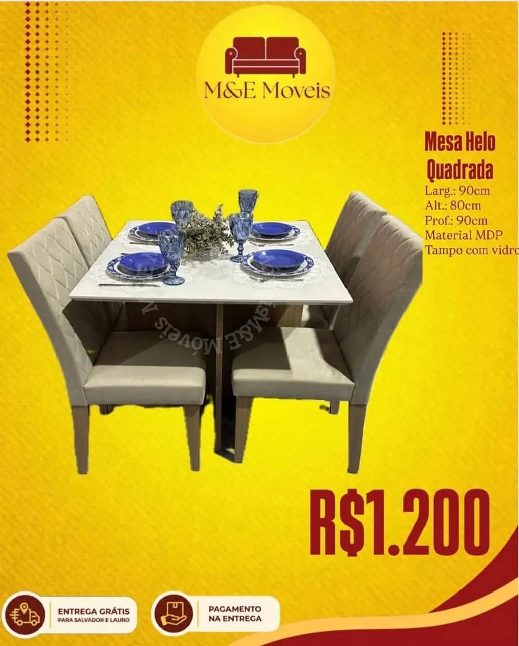 Mesa quadrada de vidro com cadeiras e entrega grátis 