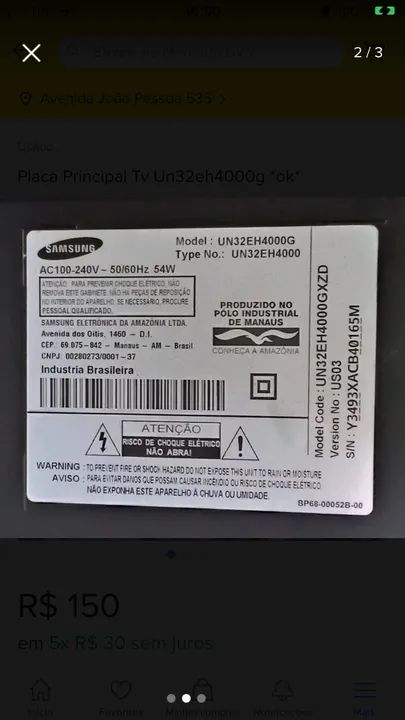 Placa Principal Tv Un32eh4000g *ok* - Foto 2