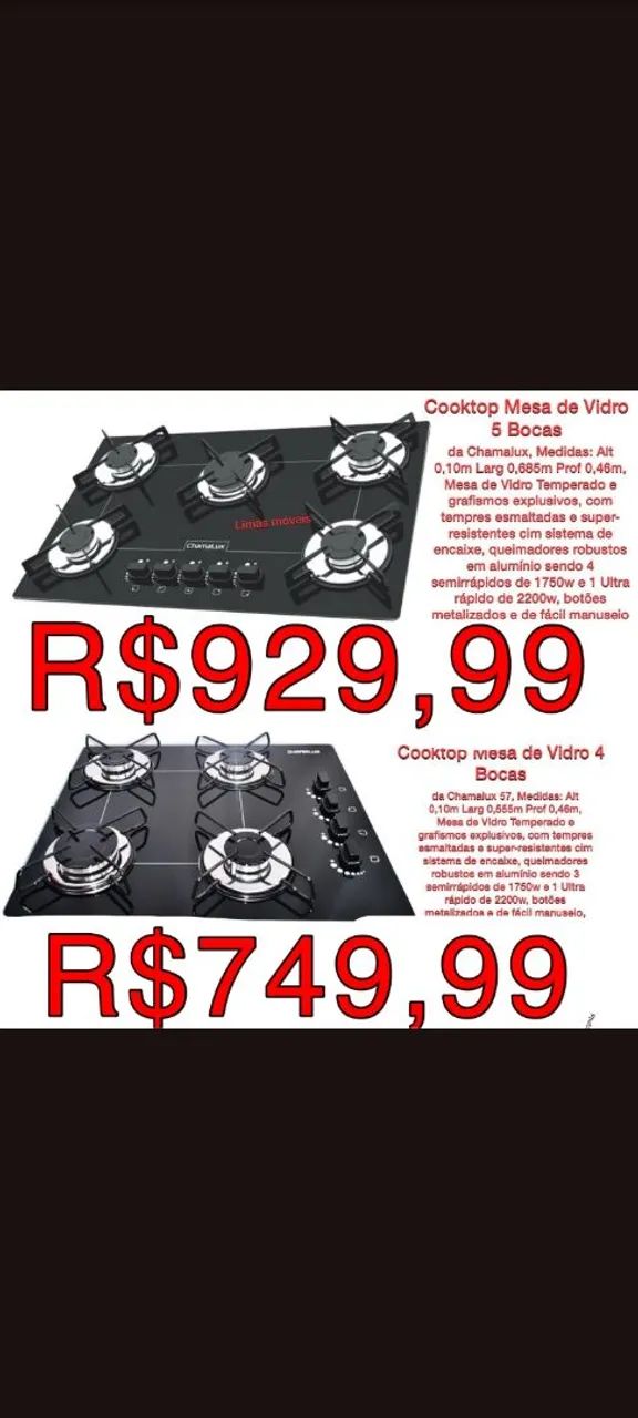 Cooktop Chamaluz Mesa de Vidro 4 ou 5 Bocas