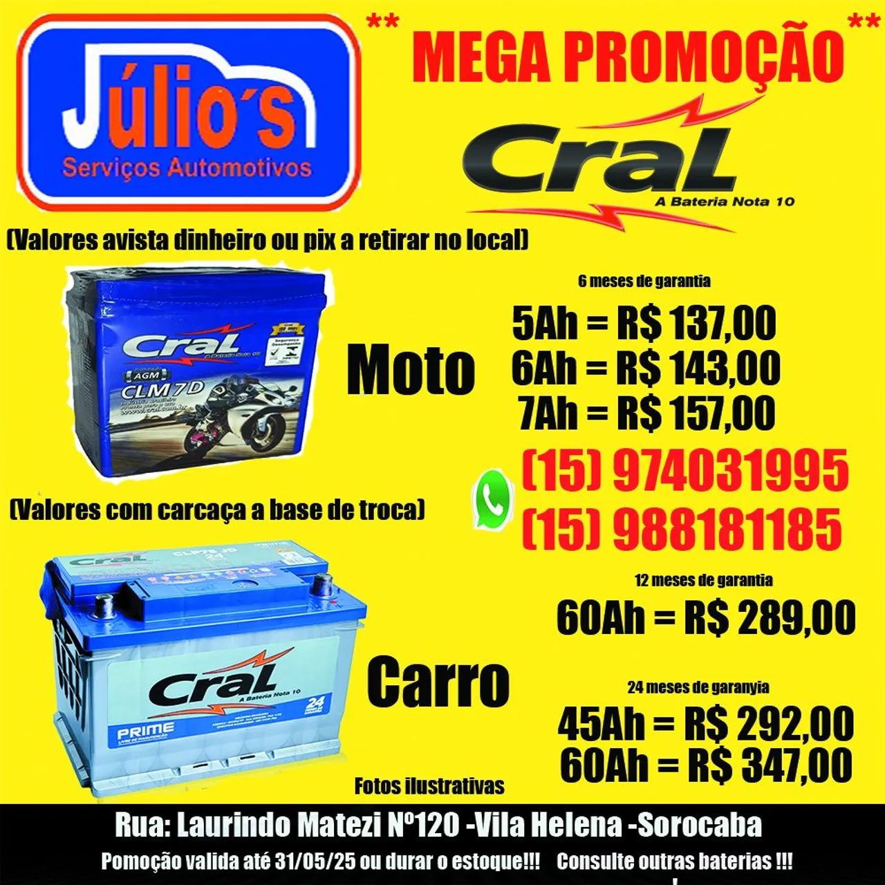 Bateria Cral para Moto e Carro - MEGA PROMOÇÃO