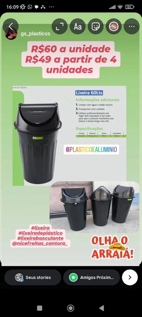 Lixeira 60Lts de Plástico - Oferta!