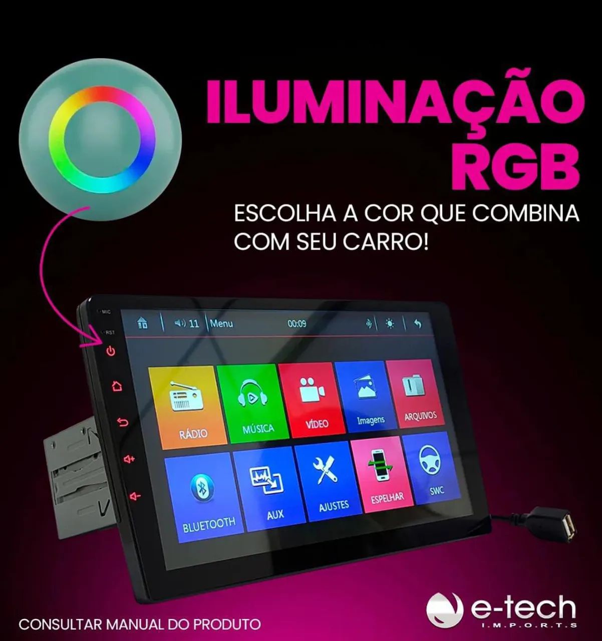 Central Multimídia dvd 9 polegadas 1 din som radio carrocom Iluminação RGB 