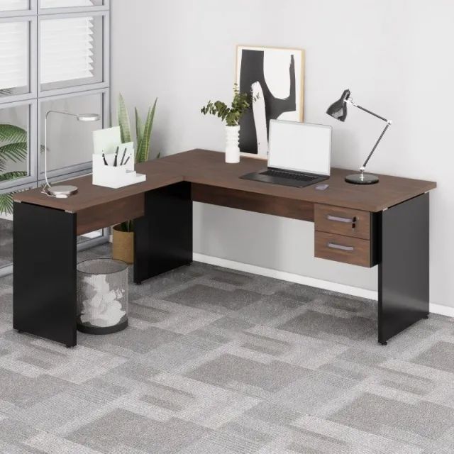 Mesa em L 1,70m + Auxiliar com 2 Gavetas Marsala Preto Amplo Espaço Escritório 23479