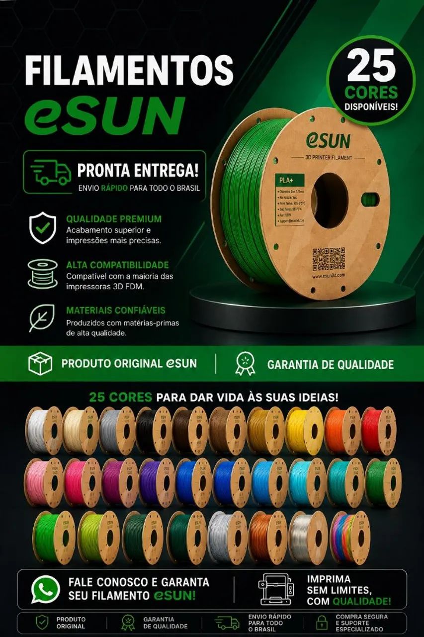Filamento PLA eSun 1kg 25 cores. 