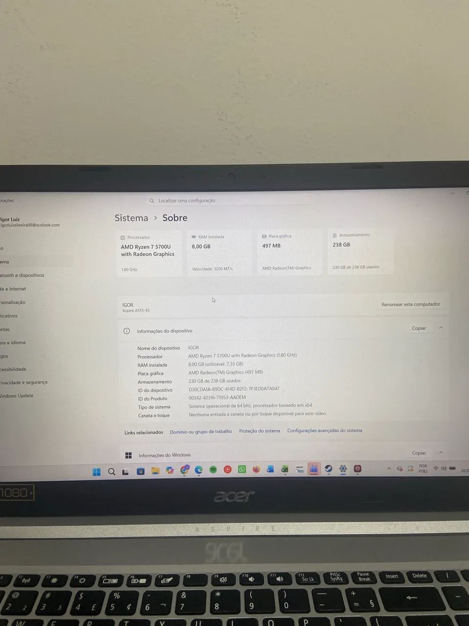Notebook Acer Aspire 5 Ryzen 7 - Excelente estado