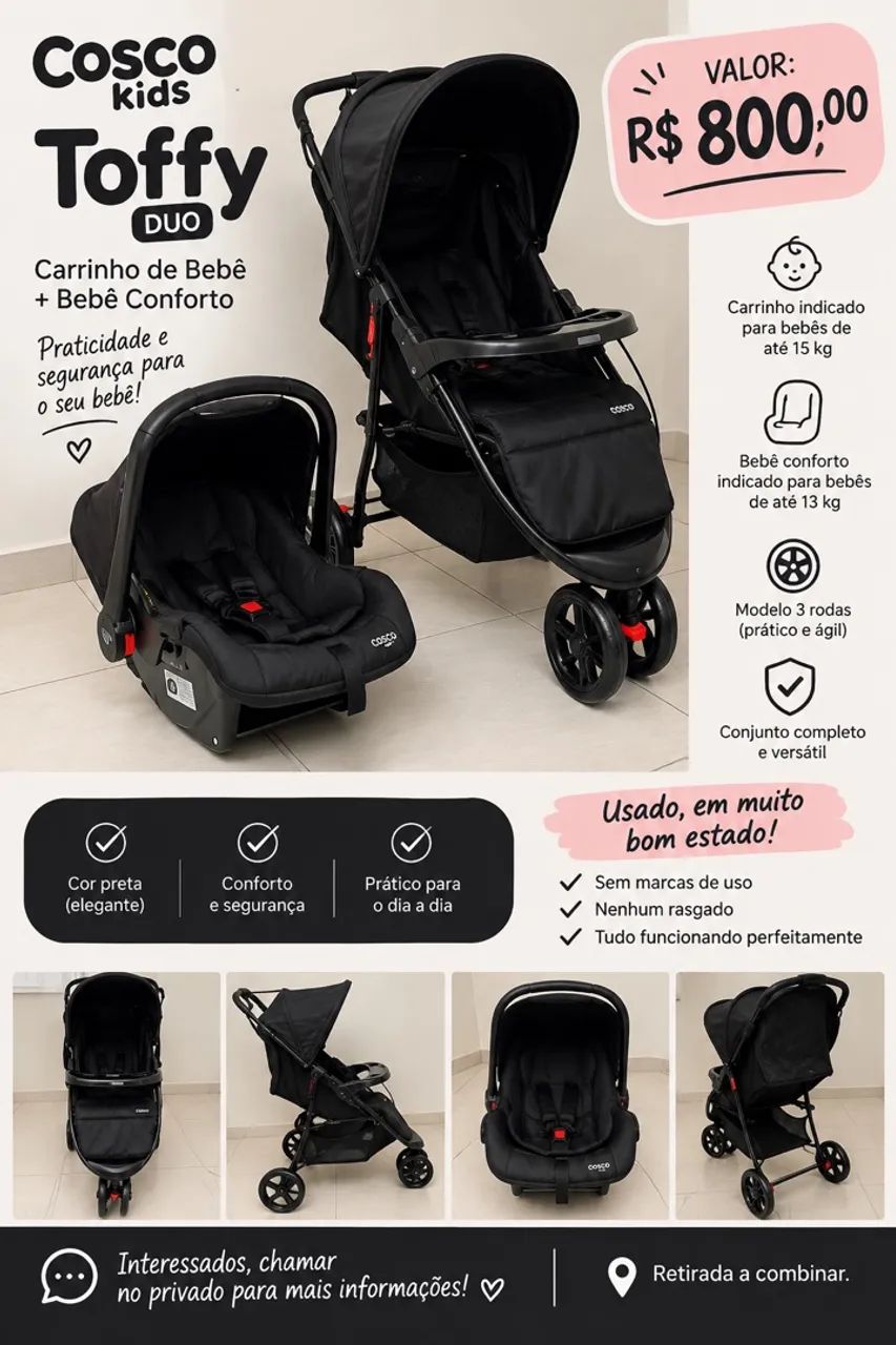 Carrinho de bebê cosco com bebê conforto 