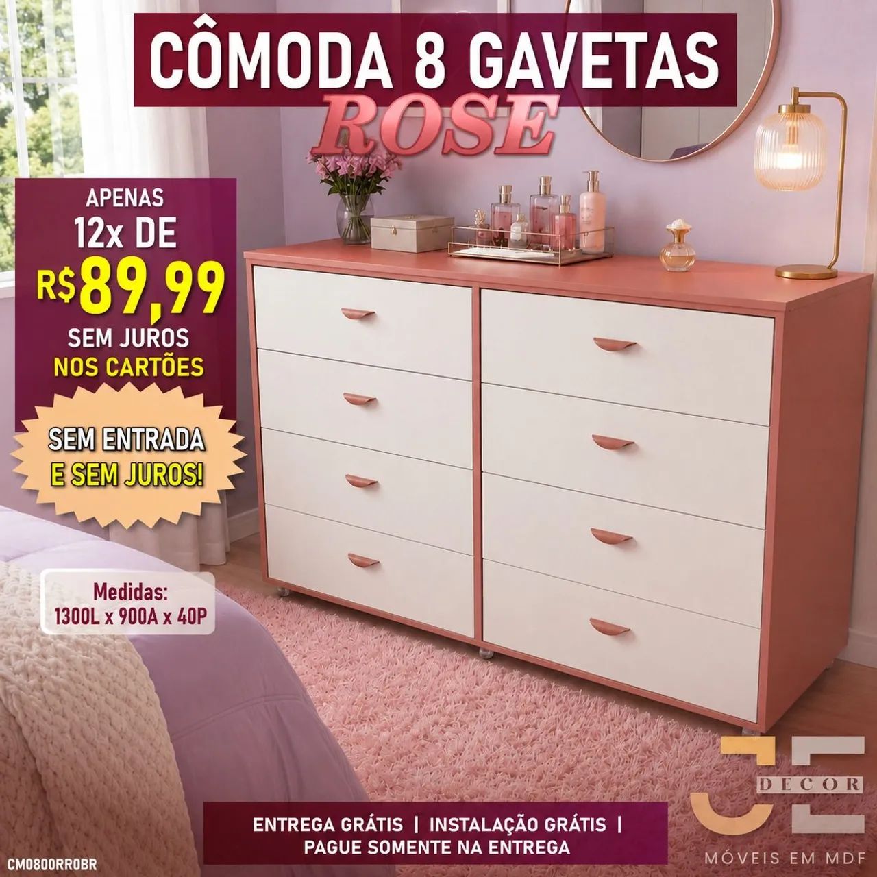 Cômodas em mdf 8 gavetas e rodinhas 