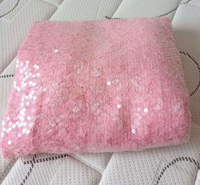 Tecido Renda Floral Rosa com Paetês - Foto 2