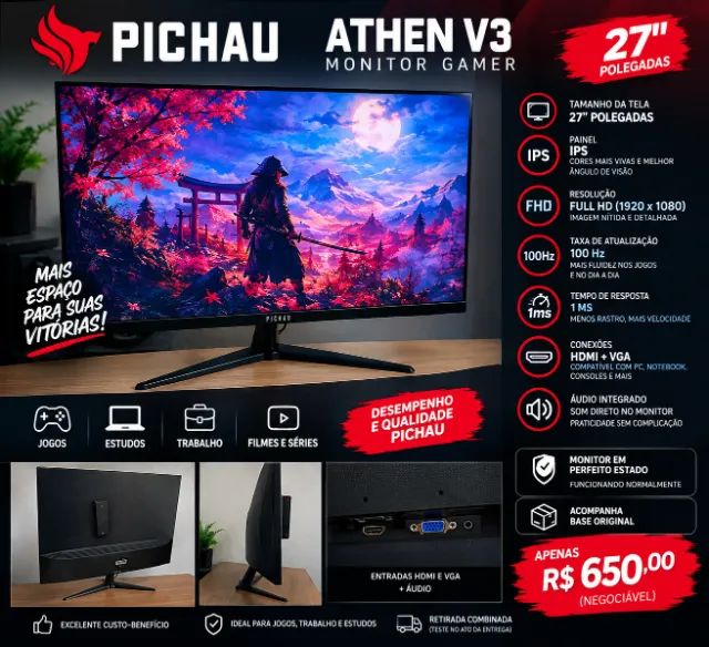Monitor Gamer Pichau Athen V3 27 Polegadas Full HD 100Hz