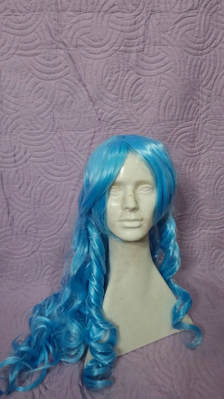 Peruca Cosplay carnaval cabelo azul claro longo sintético 
