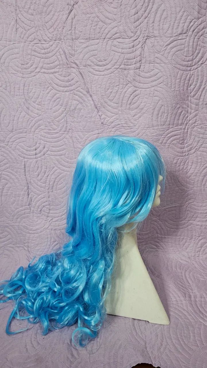 Peruca Cosplay carnaval cabelo azul claro longo sintético  - Foto 4