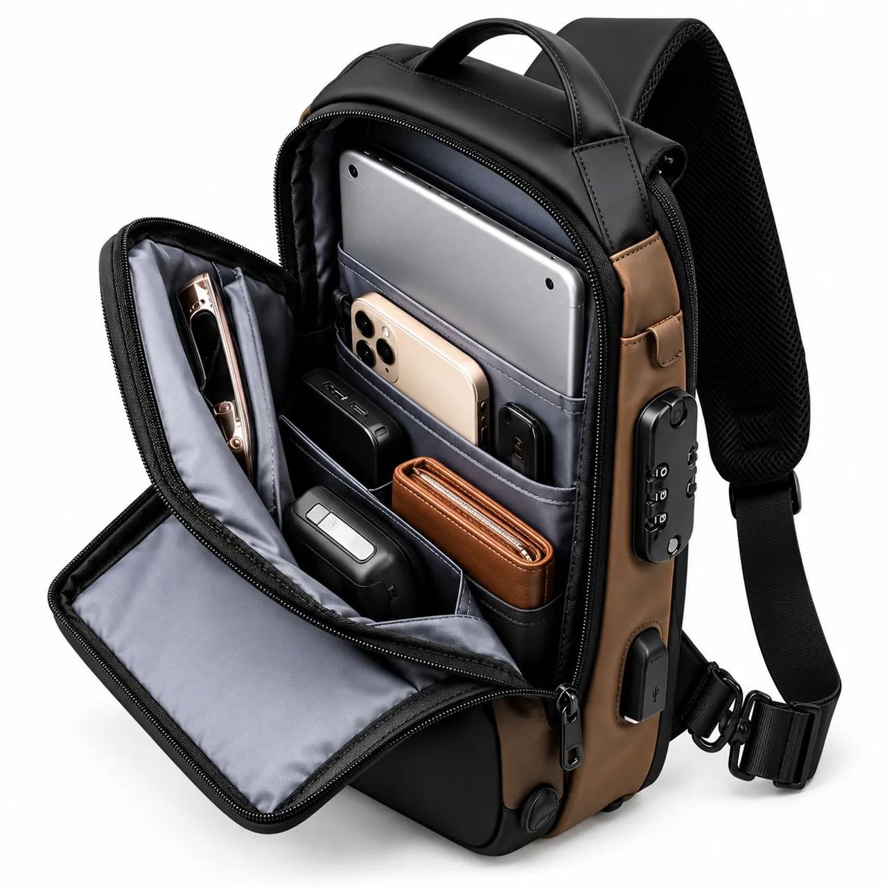 Mochila Shoulder Bag Fashion Transversal Antifurto com Cadeado USB