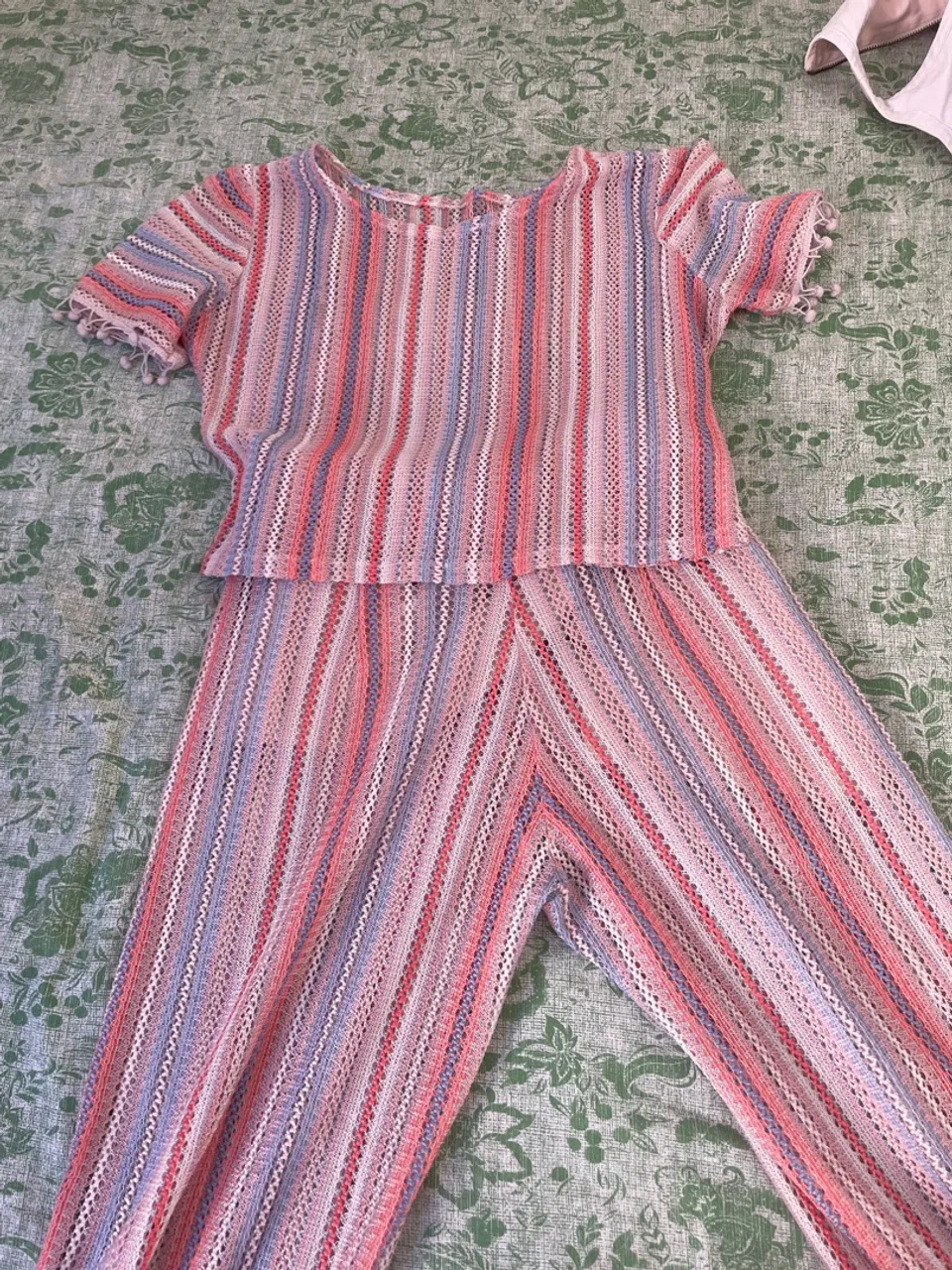 Conjunto Crochê Listrado Rosa e Lilás