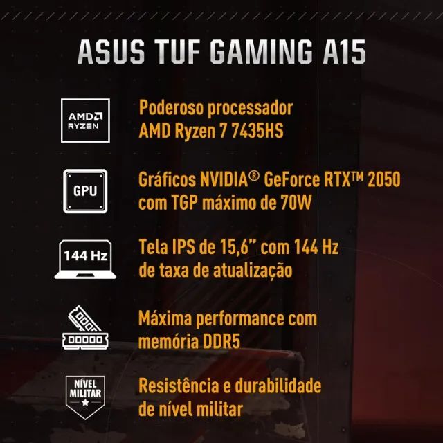 Notebook ASUS TUF Gaming A15, GeForce RTX 2050, AMD RYZEN 7, 8 GB, 512 GB SSD - Foto 2