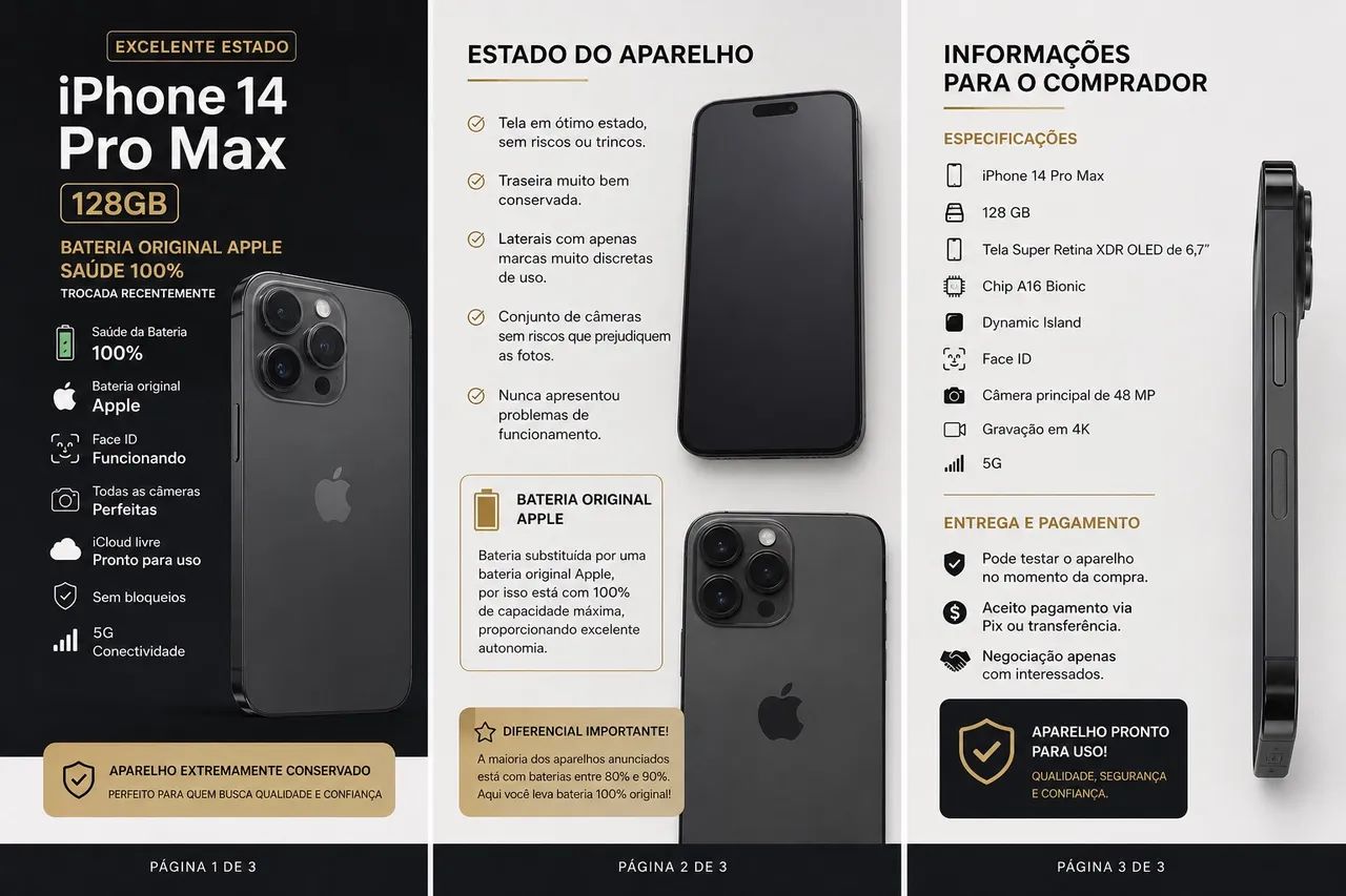 iPhone 14 Pro Max 128GB | 100% Bateria Original Apple | Excelente