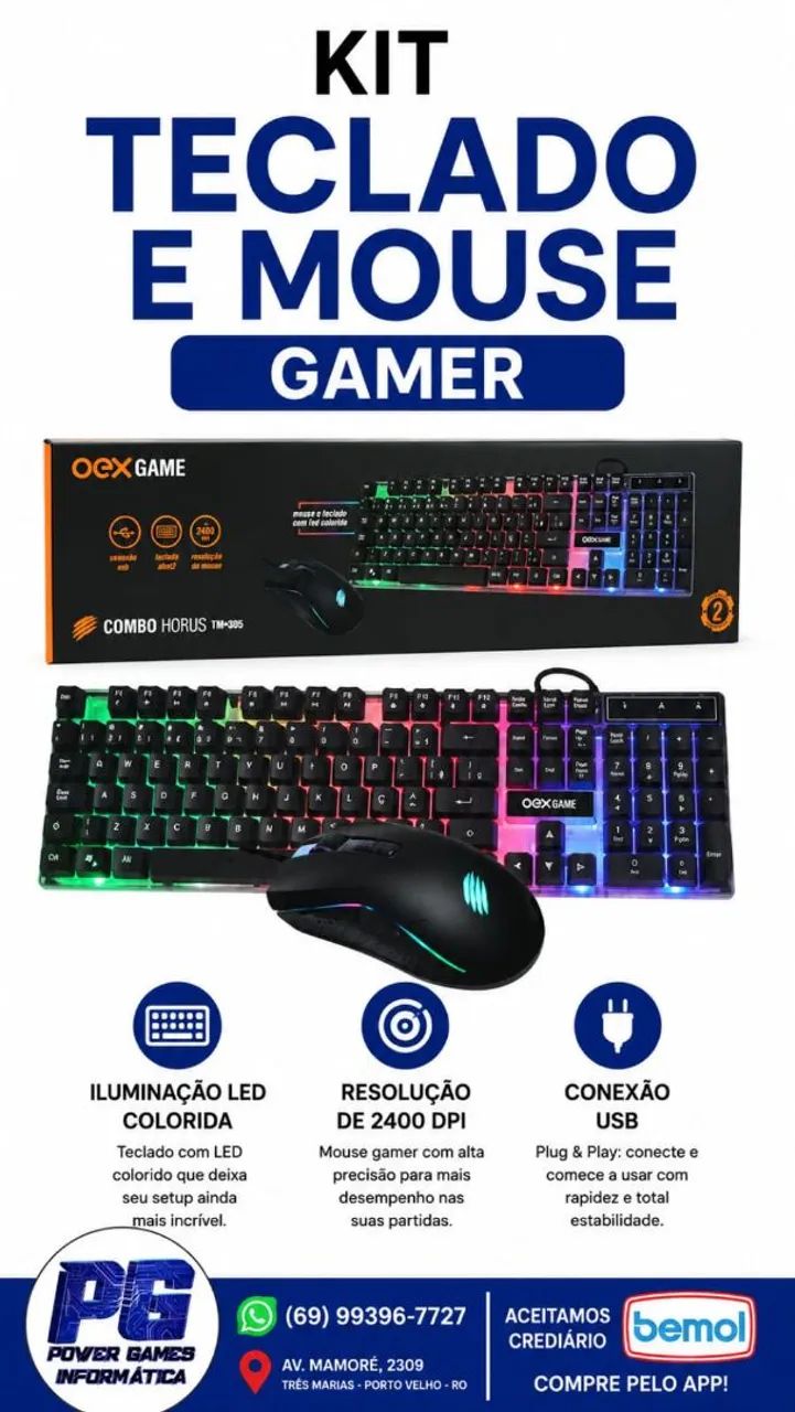 KIT TECLADO E MOUSE GAMER COM LED RGB