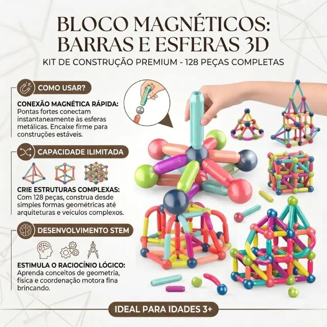 BRINQUEDO INTELIGENCIA COM BARRAS MAGNETICAS 128PC - Foto 3