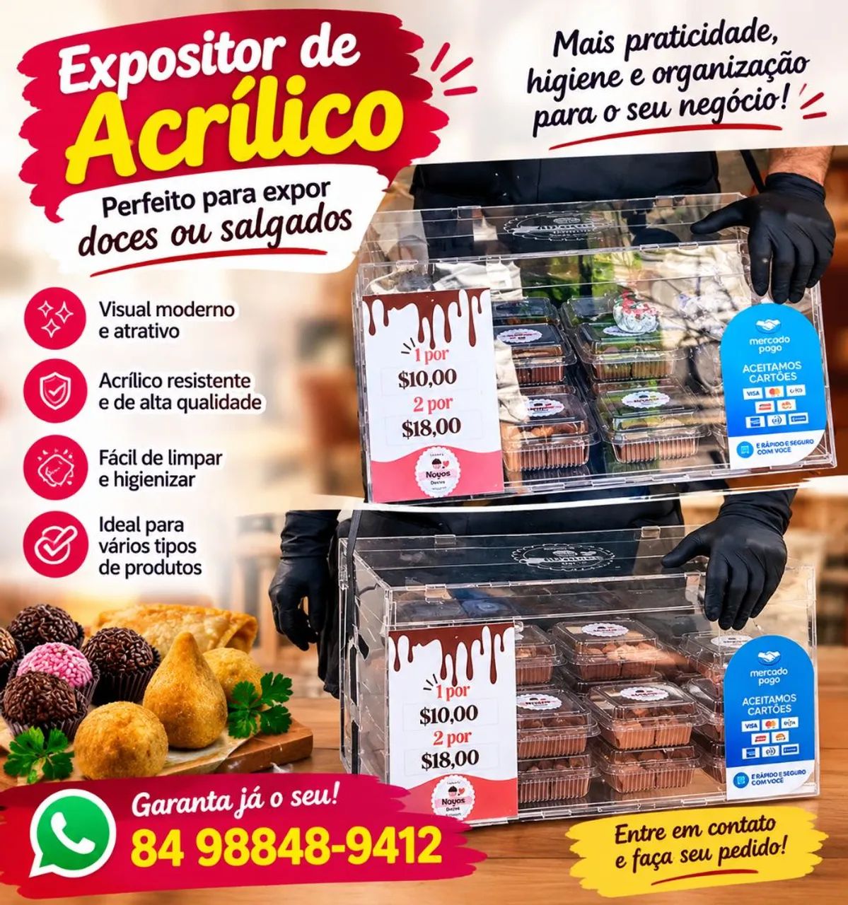 Expositor de acrílico para doces e salgados, entre outros.