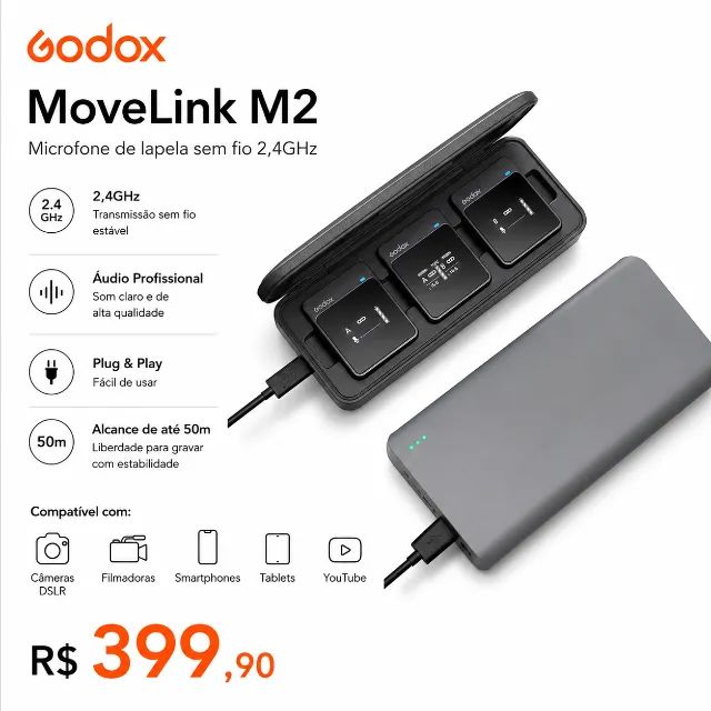 Microfone Sem Fio Godox MoveLink II M2 Lapela 2.4GHz 3.5mm Câmera Celular