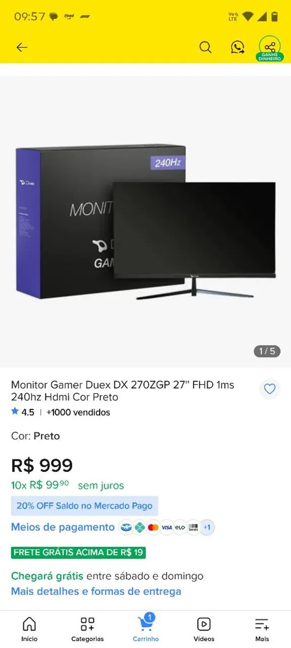 Monitor 240hz de 27 polegadas duex