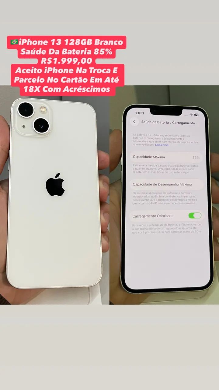 iPhone 13 128GB Branco - Saúde Da Bateria 85% (Usado)