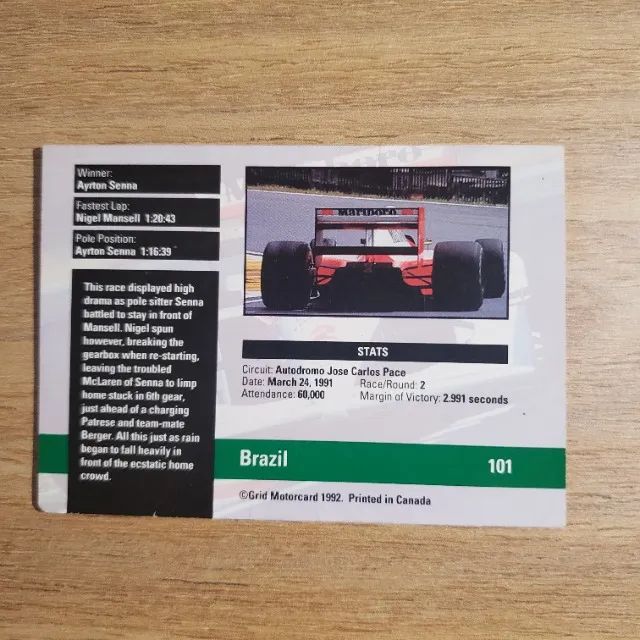 Card #101 Ayrton Senna Formula One Grid Motorcard 1992 - Foto 2