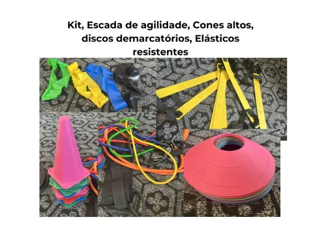 Kit, Escada de agilidade, Cones altos, discos demarcatórios, Elásticos resistentes