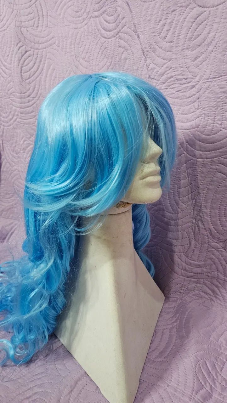 Peruca Cosplay carnaval cabelo azul claro longo sintético  - Foto 5