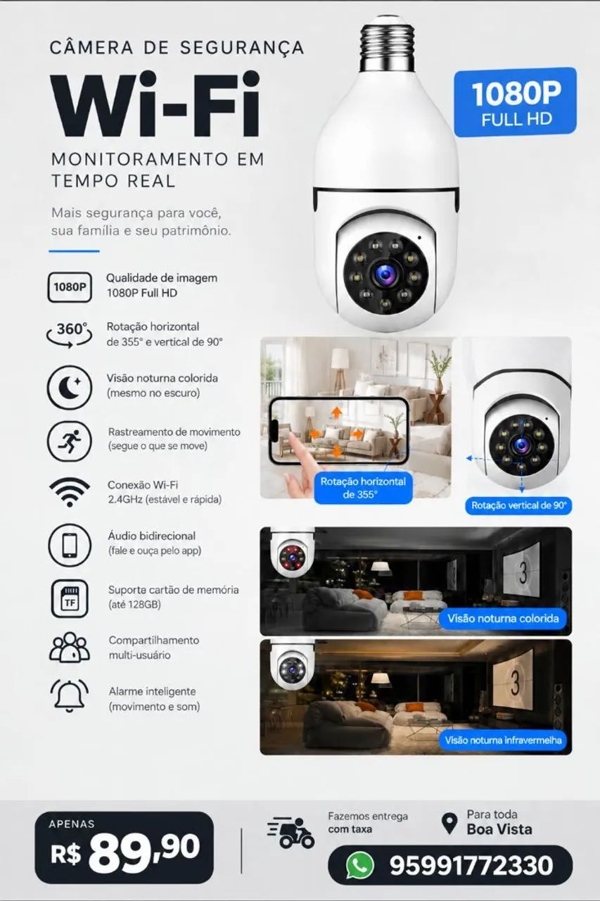 Câmera wifi inteligente R$89