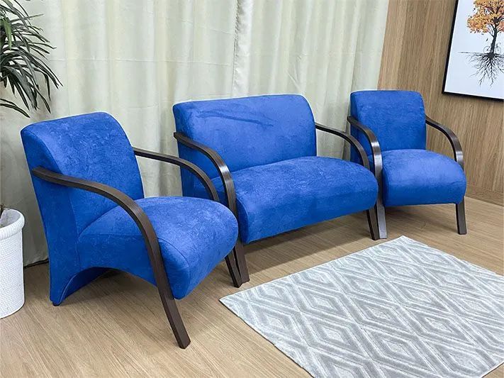 Conjunto de Poltronas 2x1x1 Lugares Azul Braço Madeira 