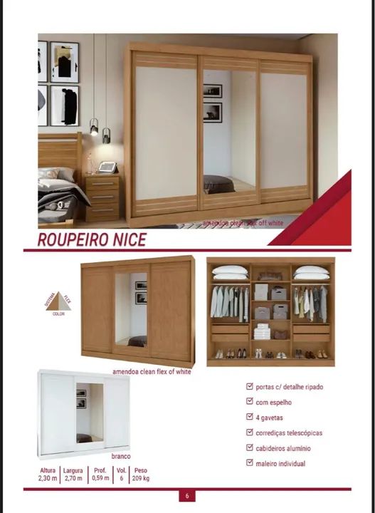 Roupeiro Nice - 6 Portas de Correr - Amêndoa