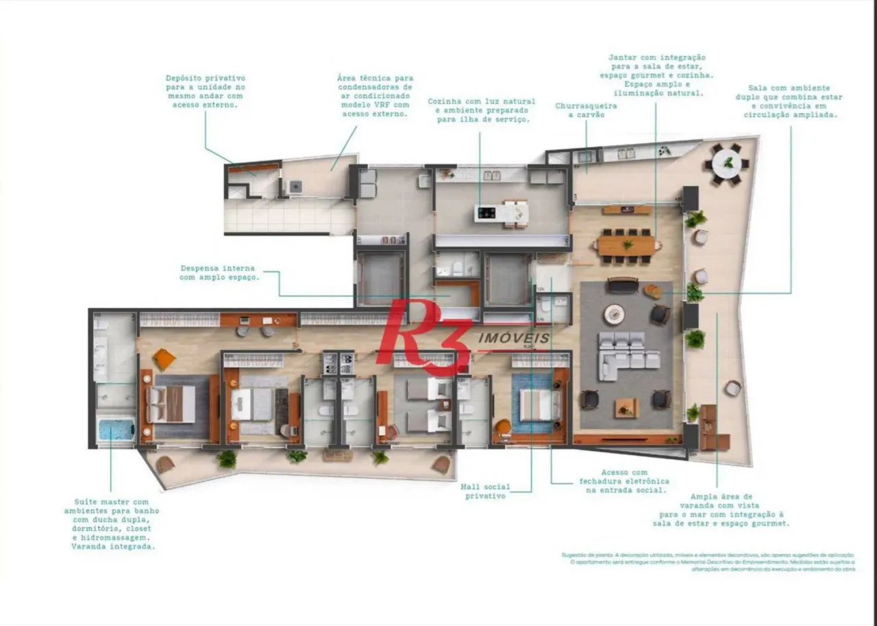 Apartamento com 4 suítes de frente para o mar no Gonzaga em Santos à venda, 315 m² por R$