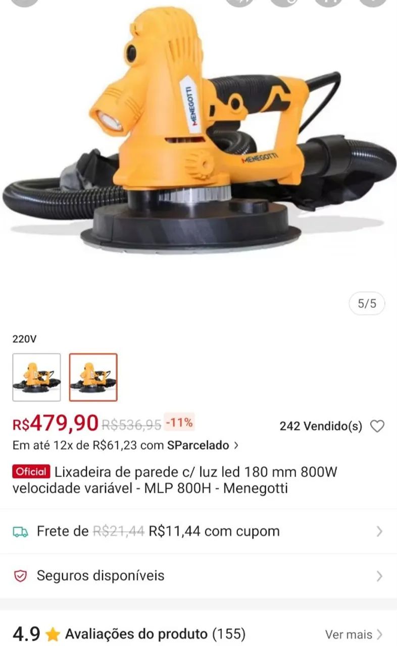 Lixadeira de Parede c/ Luz LED 180mm 800W - Menegotti