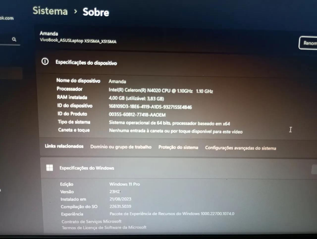 Notebook Asus VivoBook X515MA - Celeron N4020