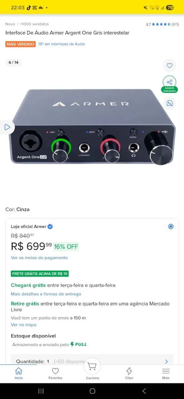 Interface de Áudio USB 2 canais Armer Argent One G2 - Segunda Geração - Foto 5