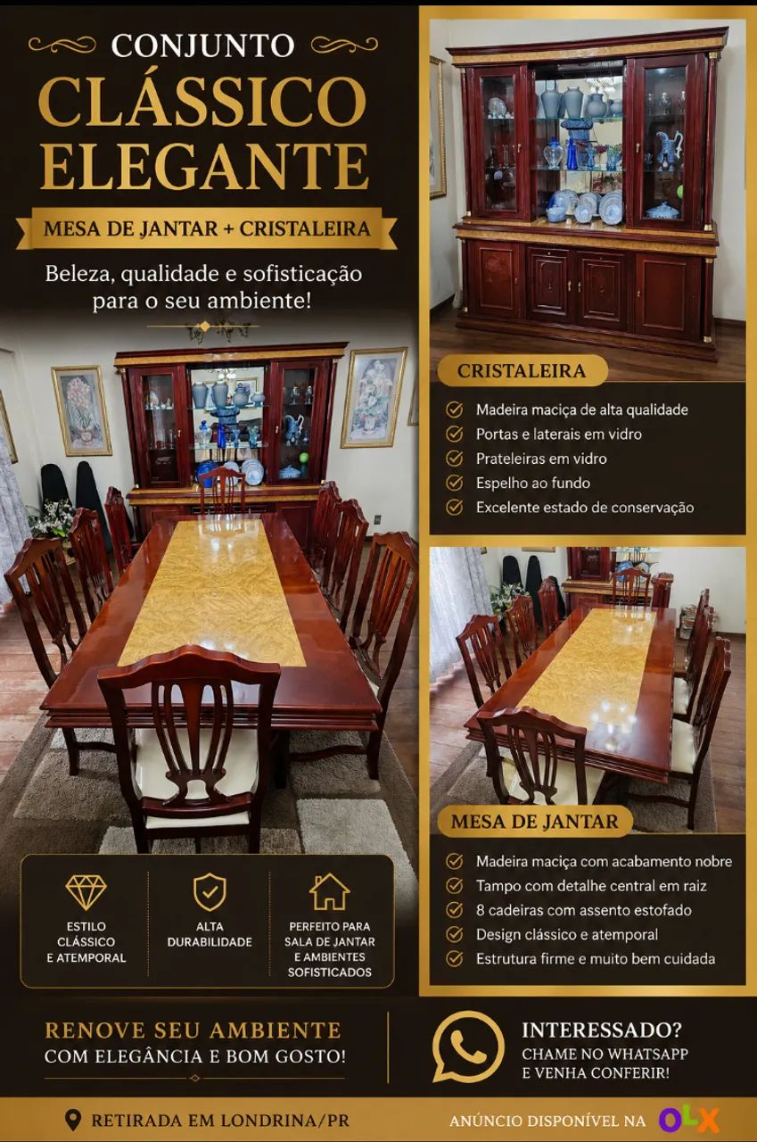 Cristaleira e mesa 8 cadeiras estilo clássico . Raríssima!