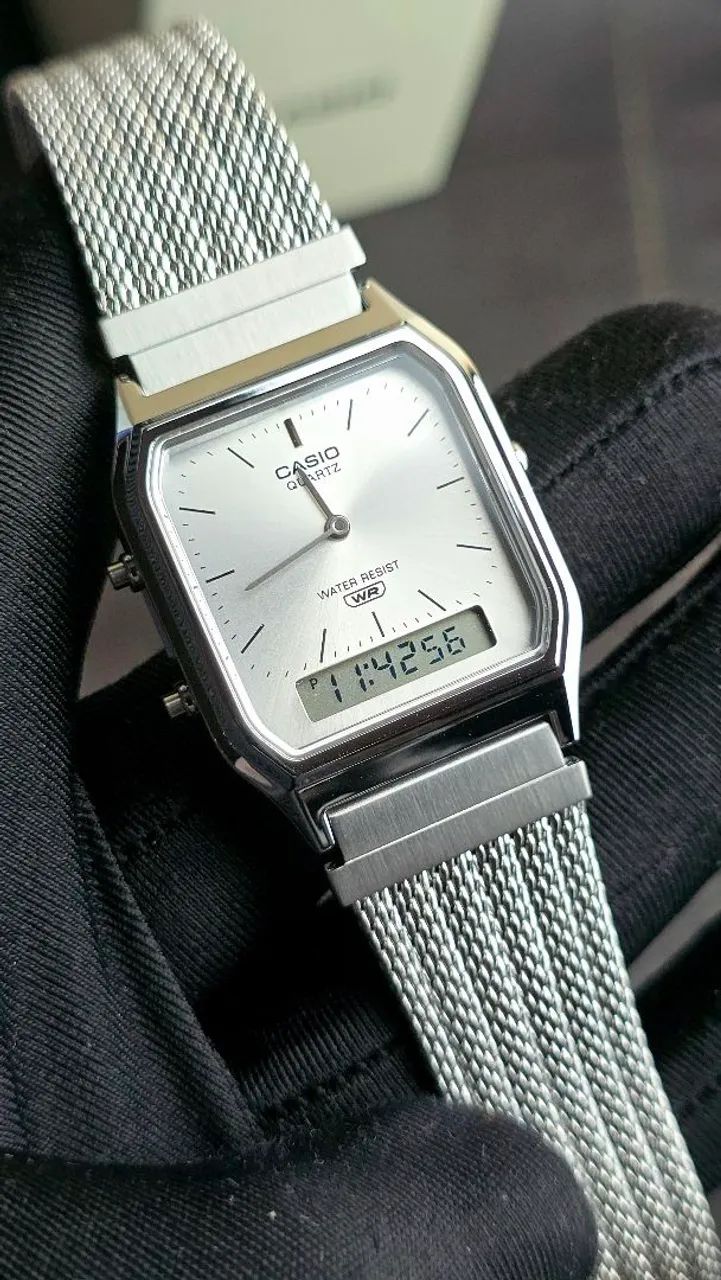Relógio Casio Dual Time AQ-230EM prata milanese  - Foto 5