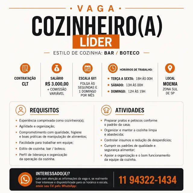 Cozinheiro Lider - Moema Zona Sul SP