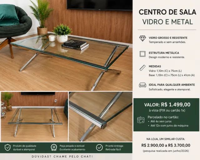 Mesa de Centro em Vidro Temperado e Base Metálica | Design Moderno | Sem Arranhões