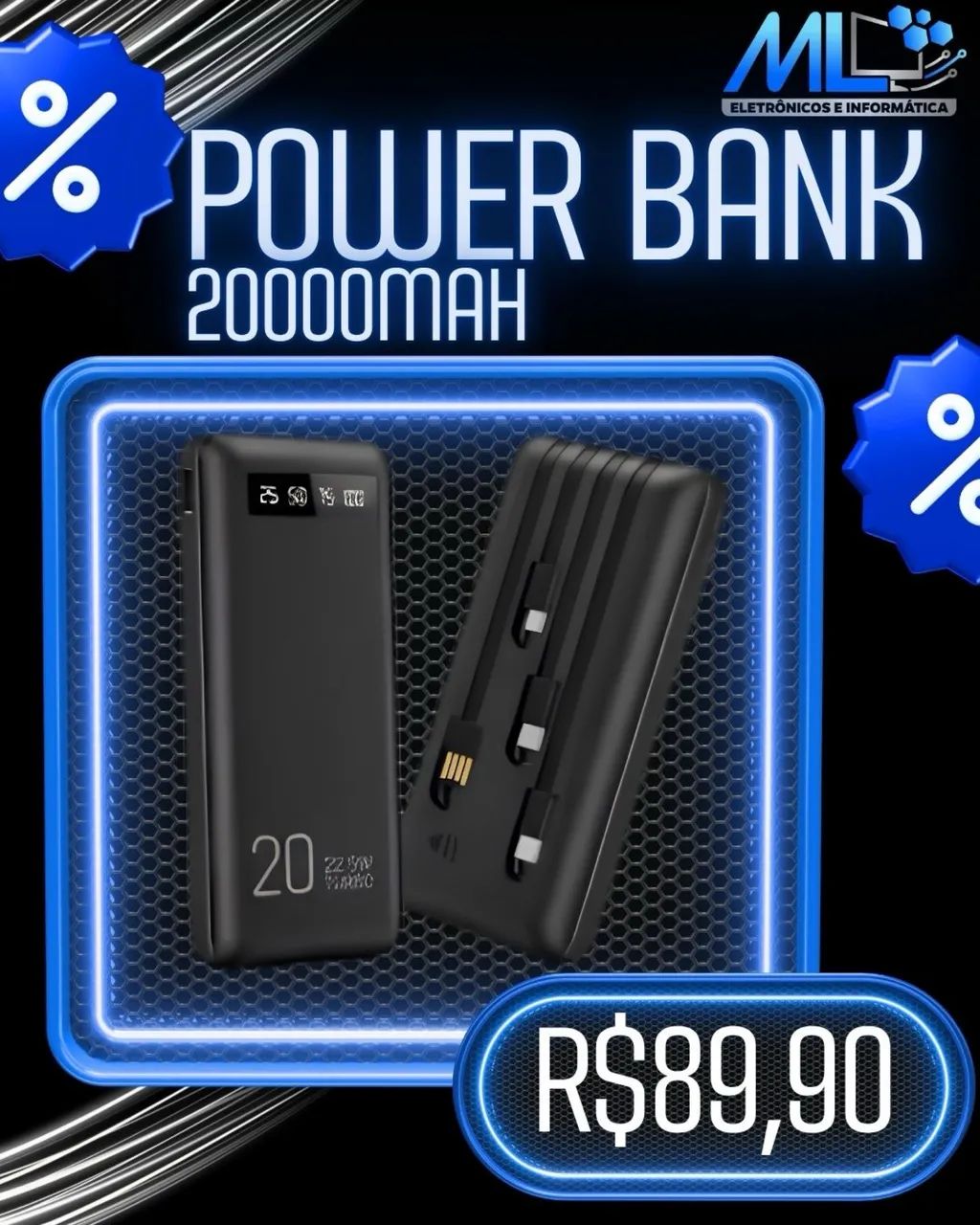 Power Bank 20.000mAh - Carregador Portátil com Cabos Integrados