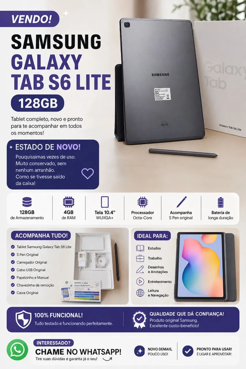 TABLET SAMSUNG GALAXY TAB S6 LITE 128GB À VENDA! 
